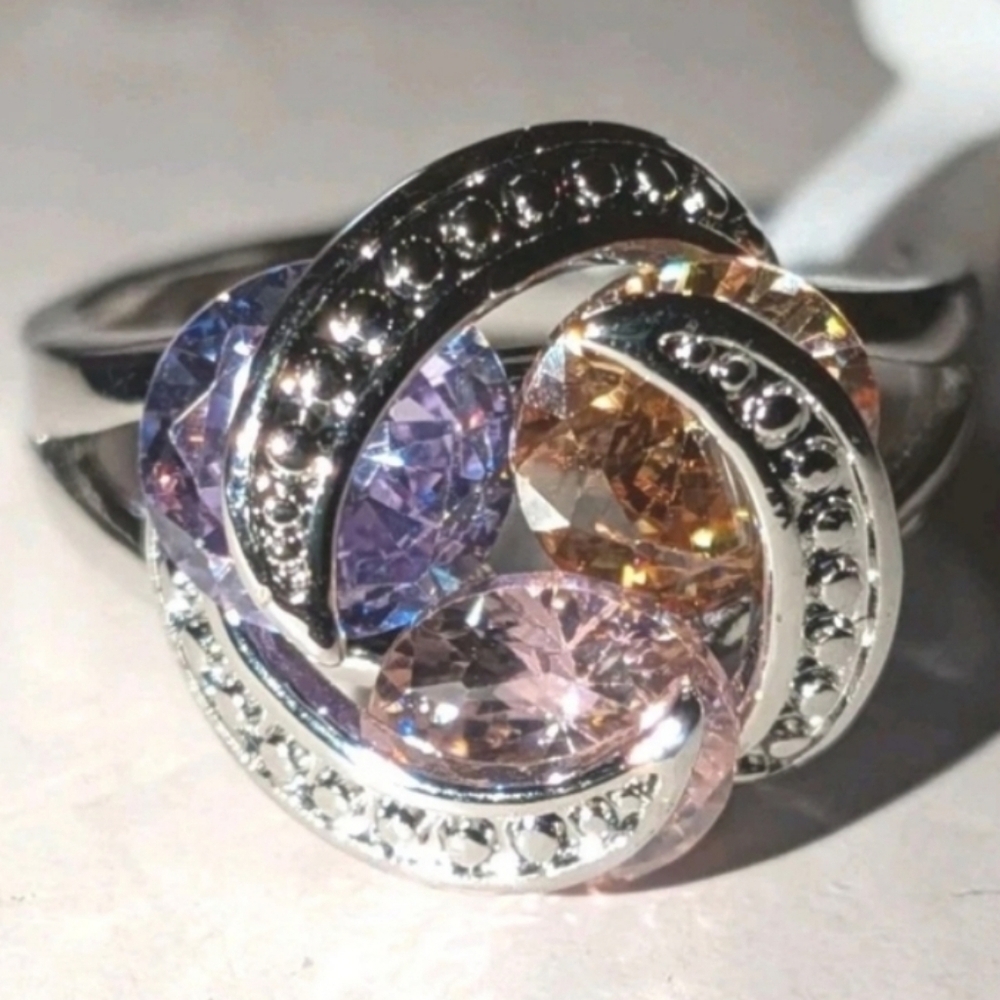 Elegant Silver and Multicolor stone Rotating Ring Sz 8